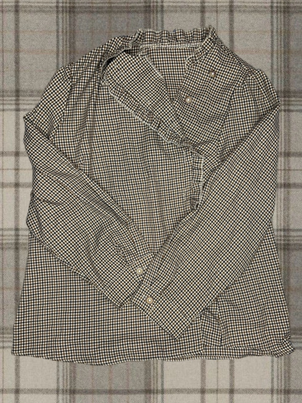 Brown Gingham Ruffle Trim Button Up Blouse